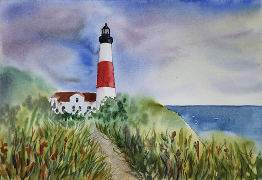 A path to lighthouse watercolor painting