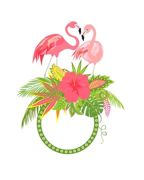 Beautiful floral frame with exotic flowers, tropical leaves and pair of lovely pink flamingo for wediing design, greeting card and invitations
