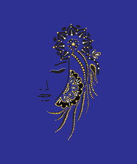 Silhouette of a girl with pearls golden and blue background