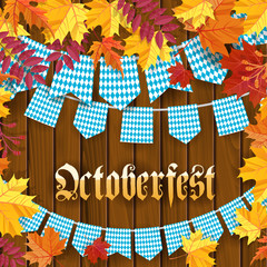 Oktoberfest .Traditional German autumn festival of beer background.TGarlands and flags with traditional decor on wooden background with frame of autumn leaves. Cartoon style vector illustration