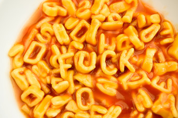 Bowl of alphabetti spaghetti alphabet letters, with the word 