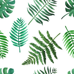 Watercolor green tropical leaves seamless pattern on white background