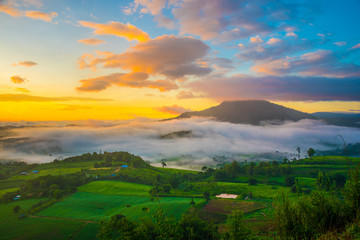 Dramatic vivid sunrise, sea of fog with romantic cloudy sky, mountain background. Beauty of dawn sunbeam valley scene at Khao Takhian Ngo, Petchabun, Thailand.