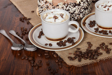 coffee with whipped cream and chocolate and coffee with cream cake