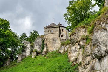 Fototapeta na wymiar Old antique castle on a green hill. Beautiful castle in Ojcow, Poland.