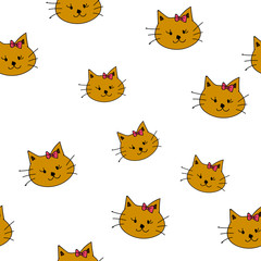 drawing brown cats doodle with ears on white backgroung seamless