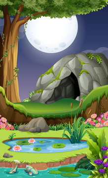 Background scene with cave at night © GraphicsRF