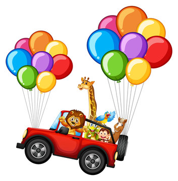 Many animals on jeep with colorful balloons