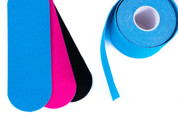 colorful kinesiology tape. Physiotherapy and therapeutic tape for wrist pain, aches and tension. elastic therapeutic tape. adhesive tape and alternative medicine.