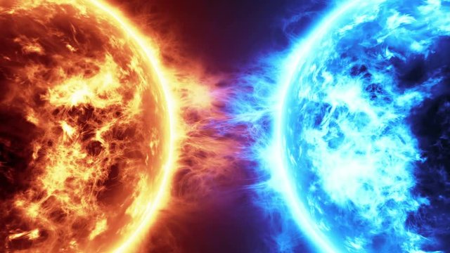 Fire Planet Vs Frozen Planet. Sun surface with solar flares against Frozen planet isolated on black. Highly realistic sun surface with space for your text or logo, Fire vs Ice full hd and 4k.