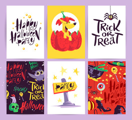 Vector collection of flat Halloween cards with traditional decoration elements