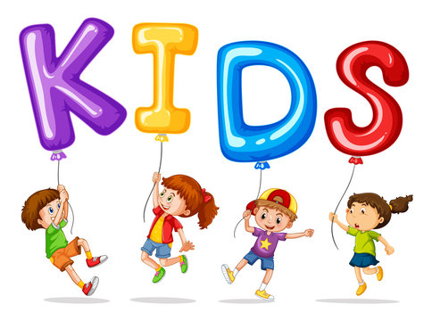 Kids with colorful balloons for word kids