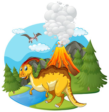 Scene with dinosaurs and volcano
