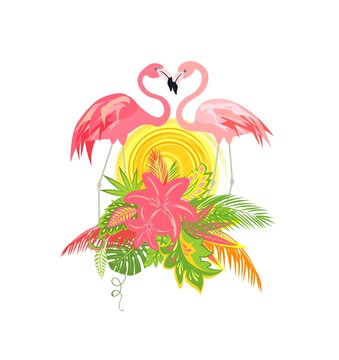 Beautiful wedding Hawaiian design with pair of lovely flamingo, sun, tropical leaves and flowers