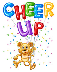 Cute lion cub with balloons and word cheer up