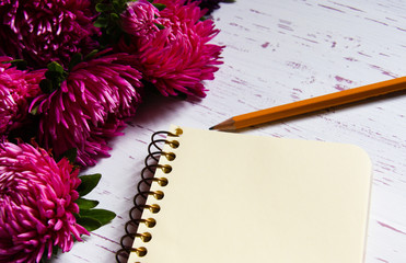 White wooden background with asters and notebook back to school