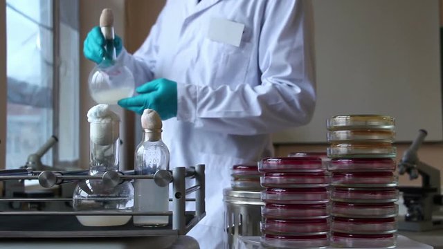 Scientist works  in microbiological scientific education laboratory. Laboratory shaker, tubes, and  petri dishes stacks. Man puts the flack,  turns on shaker and watches the petri dishes. Slider shot.