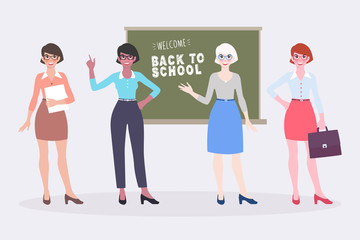 Naklejka premium Set of cartoon character women teachers in casual clothes suit. Different poses of teachers, secretary or business women.