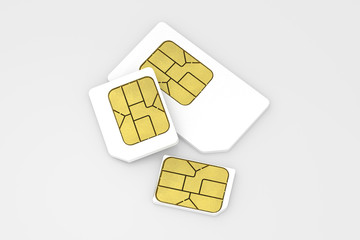 Different white sim card type size on white background. 3D Render