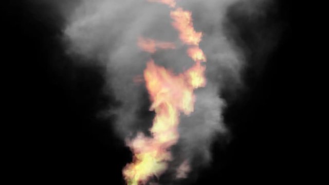 Animated stream of fire turning into fire tornado or twister of fire and smoke against black background. Mask included. Spinning clockwise and bends to right as if moving through plains at high speed.