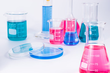 science and clinic background. Chemical and Medical laboratory research.  laboratory beakers and ...