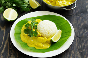 Yellow curry with chicken and rice. Asian cuisine.