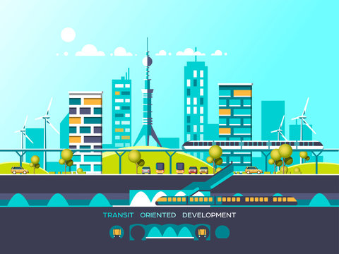 Flat illustration with city landscape. Transport mobility and smart city. Traffic info graphics design elements with transport, including bus, metro, train, cars.