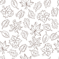 Seamless pattern with funny falling linear leaves. Vector illustration.