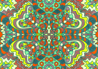 Ethnic ornament seamless pattern inspired by fusion of Ukrainian, Indian and Mexican traditional motifs, green and pink colors felt-tip pens doodle drawing