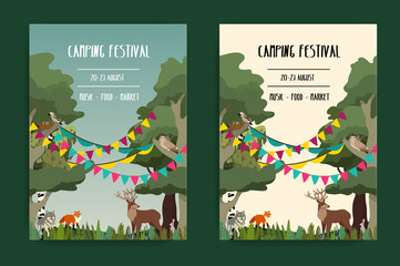 Set summer open air festival graphic poster with animals. Deer, wolf and fox. Vector illustration.
