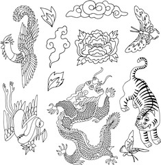 Set of chinese patches elements. Set of stickers, pins, patches and handwritten notes collection in cartoon 80s-90s comic style.Vector stikers kit