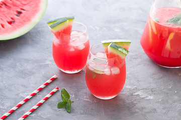 Watermelon cocktail with lemon and mint. Refreshing lemonade close up