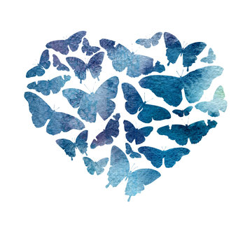 Watercolor heart filled with bright transparent butterflies of blue shades.