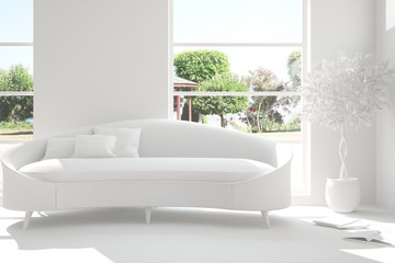 Idea of white room with sofa and summer landscape in window. Scandinavian interior design. 3D illustration