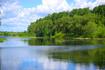 Obraz na płótnie Canvas Спокойная река с лесистыми берегами.