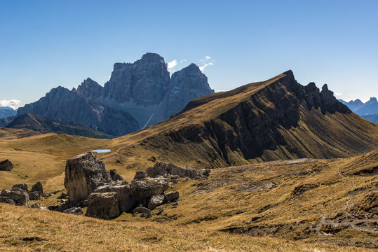 Europe, Italy, Veneto, Belluno. Wide view of  Mondeval  with the mount Corvo Alto and Pelmo in the background. Cadore, Dolomites