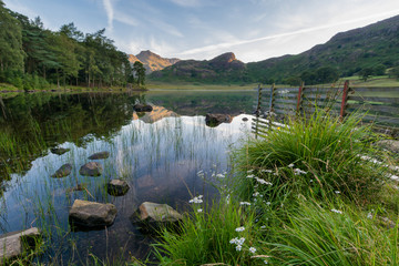 Clear reflections in water at Blea Tarn in the Lake District.