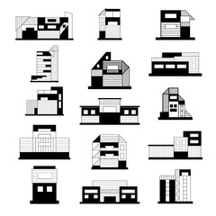 Concept and ideas of the buildings. Set of different buildings. Architecture variations facades. Black and white illustration. Vector.