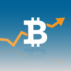 Orange up line arrow between bitcoin sign on blue gradient background. Flat icon design. Vector illustration. Eps 10.
