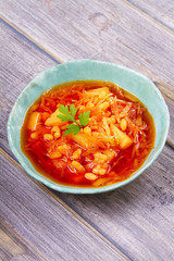 Borsht, bortsch, borshch, borscht. Soup made with vegetables, bean and beet