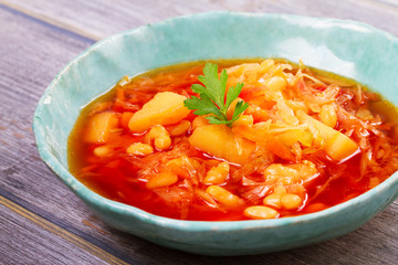 Borsht, bortsch, borshch, borscht. Soup made with vegetables, bean and beet