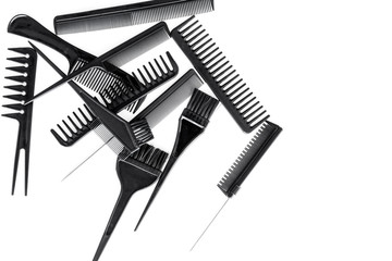 styling hair with combs and tools in barbershop on white background top view mock-up