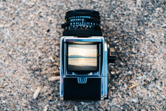 Sunrise view through vintage camera