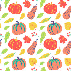 Autumnal seamless pattern with pumpkin, leaves, berries. Vector harvest falling background
