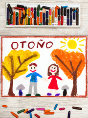 Photo of   colorful drawing: Spanish word AUTUMN, smiling couple and trees with yellow and orange trees.