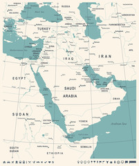 Fototapeta na wymiar Middle East Map - Vintage Vector Illustration