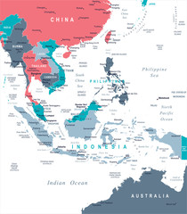 Fototapeta premium Southeast Asia Map - Vector Illustration
