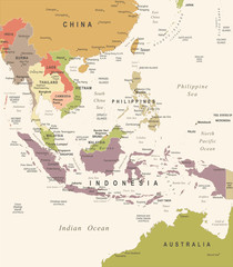 Fototapeta premium Southeast Asia Map - Vintage Vector Illustration