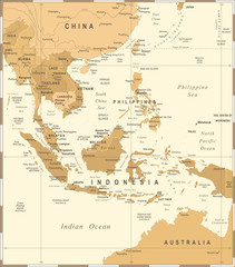 Southeast Asia Map - Vintage Vector Illustration