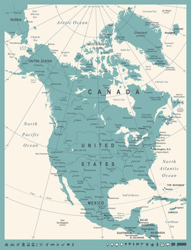 North America Map - Vintage Vector Illustration